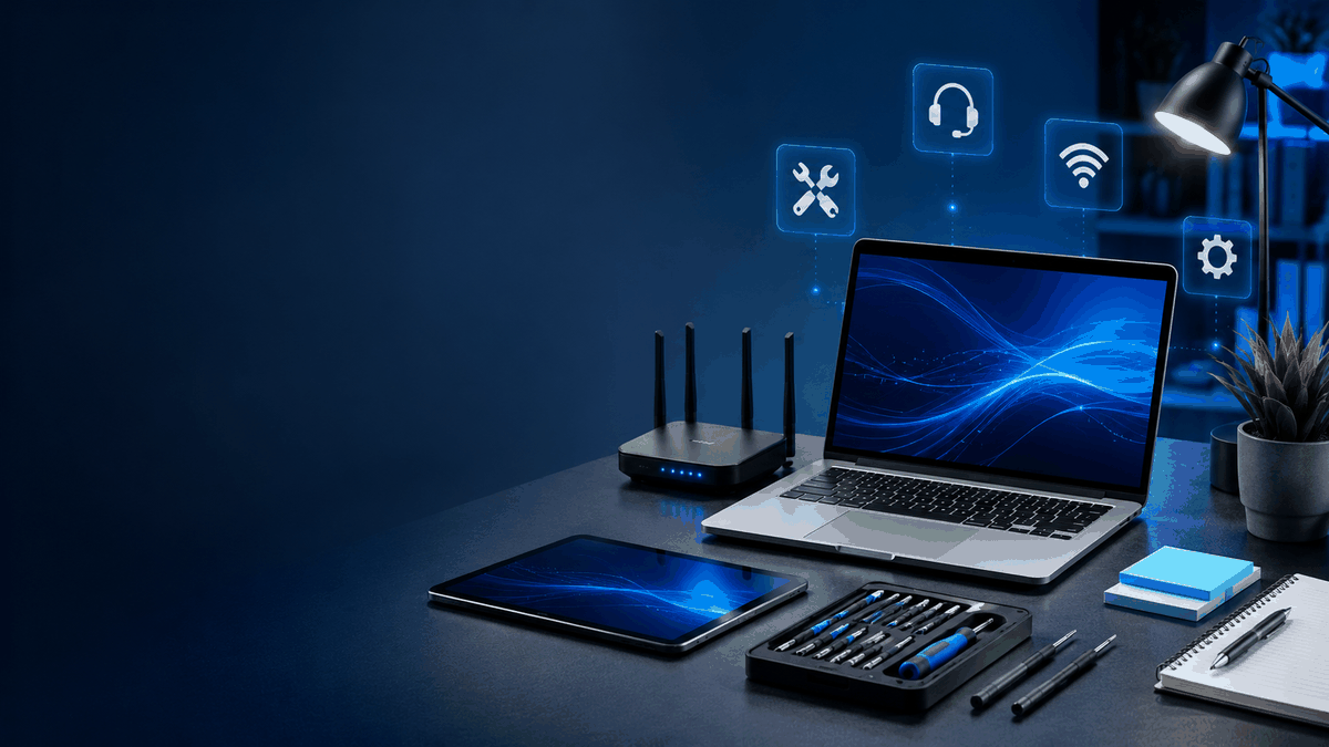 Clean tech desk with laptop, tablet, router, tools and notes