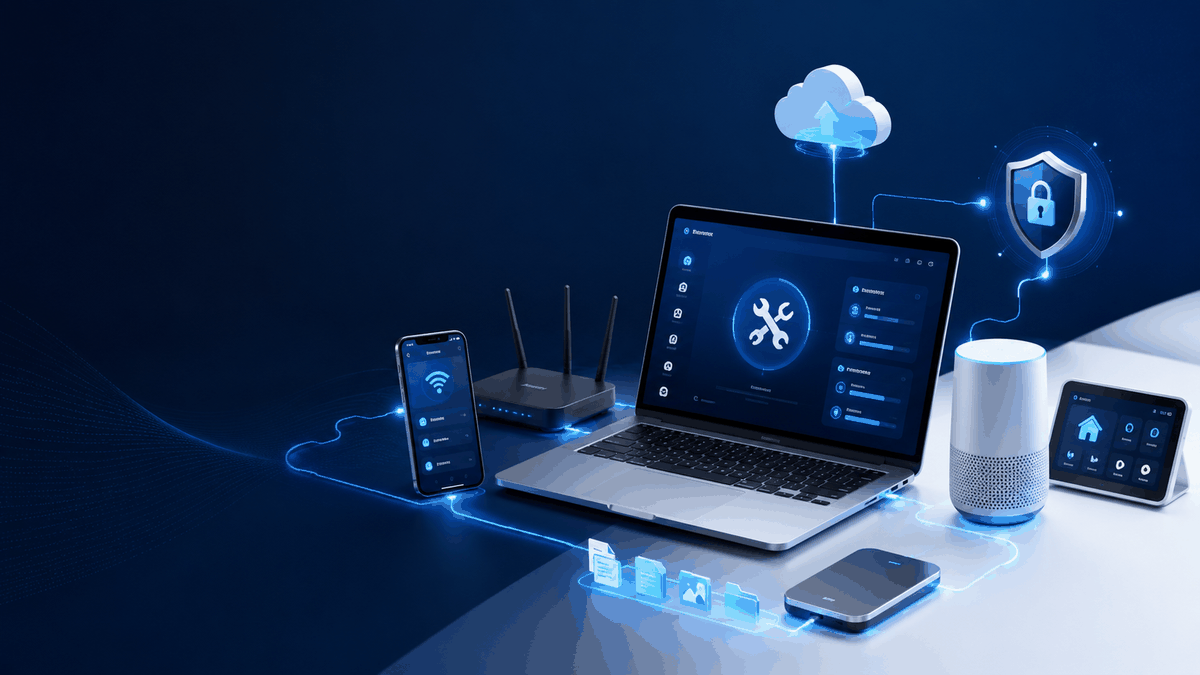 A laptop surrounded by a router, phone, tablet and smart speaker with support and security icons