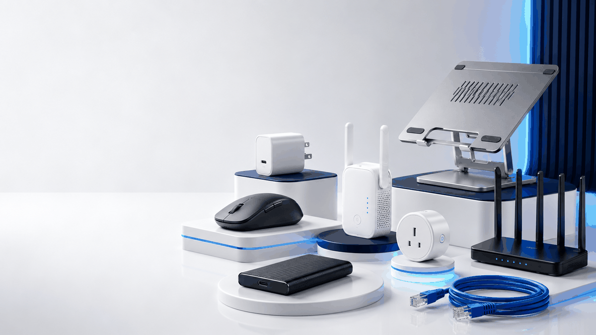 Charger, mouse, laptop stand, Wi-Fi extender, smart plug, Ethernet cable, SSD and router